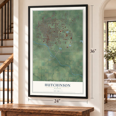 Hutchinson, Kansas map, 24 x 36 inch print in a black frame by a staircase