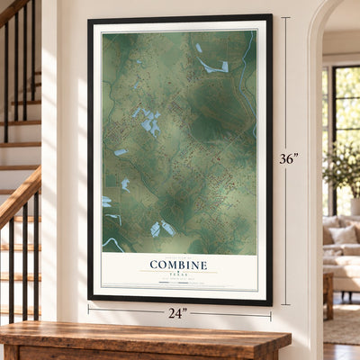 Combine, Texas map, 24 x 36 inch print in a black frame by a staircase