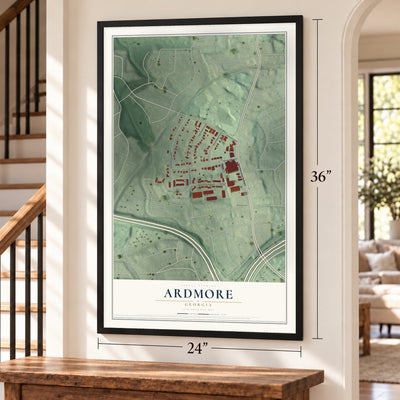 Ardmore, Georgia map, 24 x 36 inch print in a black frame by a staircase