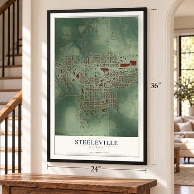 Steeleville, Illinois map, 24 x 36 inch print in a black frame by a staircase