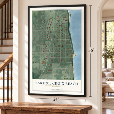 Lake St. Croix Beach, Minnesota map, 24 x 36 inch print in a black frame by a staircase