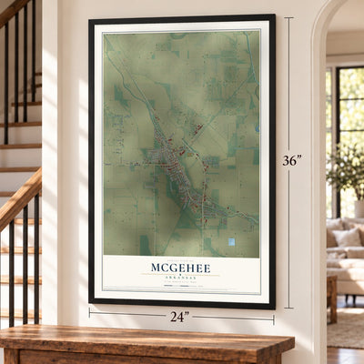 McGehee, Arkansas map, 24 x 36 inch print in a black frame by a staircase