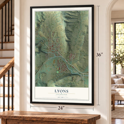 Lyons, Colorado map, 24 x 36 inch print in a black frame by a staircase