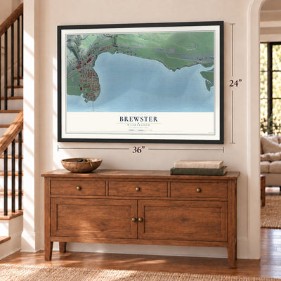 Brewster, Washington map, 24 x 36 inch print in a black frame above a dresser by a staircase
