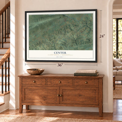 Center, Snyder County, Pennsylvania map, 24 x 36 inch print in a black frame above a dresser by a staircase