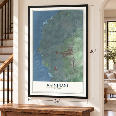 Kaiminani, Hawaii map, 24 x 36 inch print in a black frame by a staircase