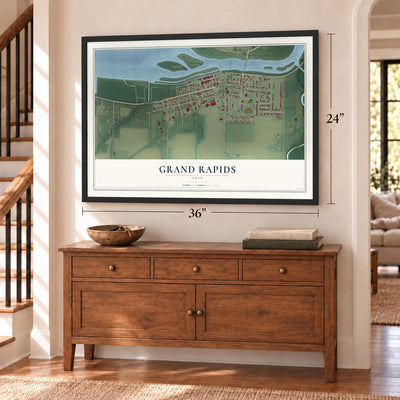 Grand Rapids, Ohio map, 24 x 36 inch print in a black frame above a dresser by a staircase
