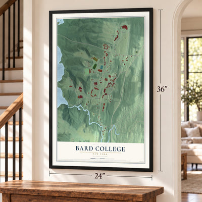 Bard College, New York map, 24 x 36 inch print in a black frame by a staircase