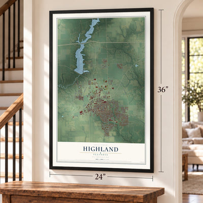 Highland, Illinois map, 24 x 36 inch print in a black frame by a staircase