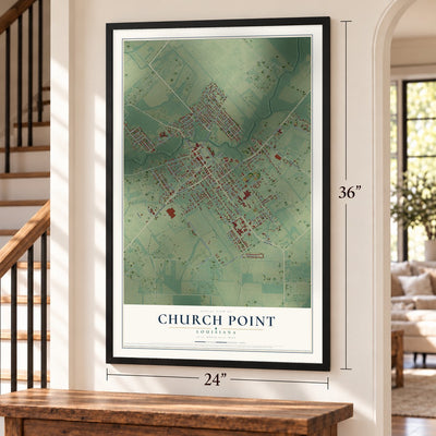 Church Point, Louisiana map, 24 x 36 inch print in a black frame by a staircase
