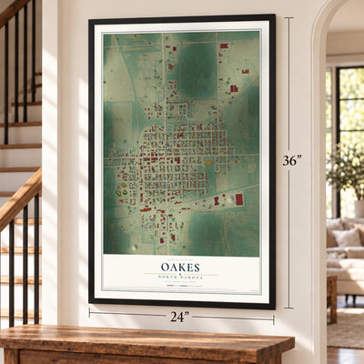 Oakes, North Dakota map, 24 x 36 inch print in a black frame by a staircase