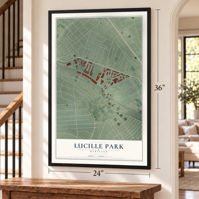Lucille Park, Maryland map, 24 x 36 inch print in a black frame by a staircase
