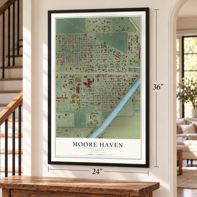 Moore Haven, Florida map, 24 x 36 inch print in a black frame by a staircase
