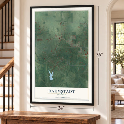 Darmstadt, Indiana map, 24 x 36 inch print in a black frame by a staircase