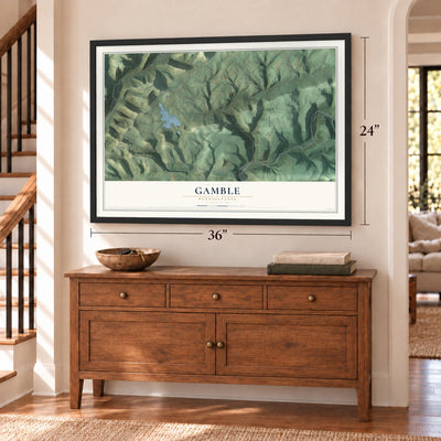 Gamble, Pennsylvania map, 24 x 36 inch print in a black frame above a dresser by a staircase