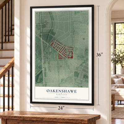 Oakenshawe, Maryland map, 24 x 36 inch print in a black frame by a staircase