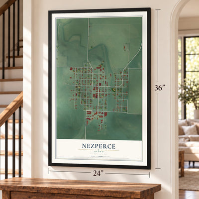 Nezperce, Idaho map, 24 x 36 inch print in a black frame by a staircase