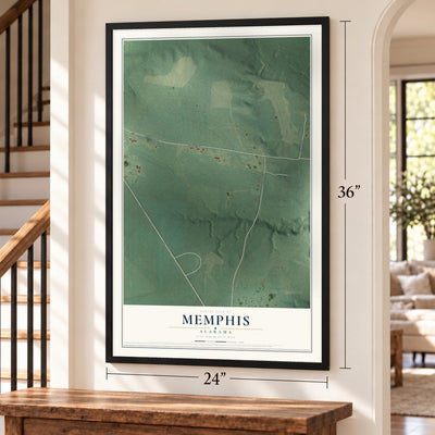 Memphis, Alabama map, 24 x 36 inch print in a black frame by a staircase