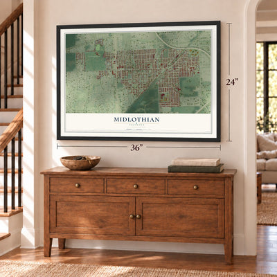 Midlothian, Illinois map, 24 x 36 inch print in a black frame above a dresser by a staircase