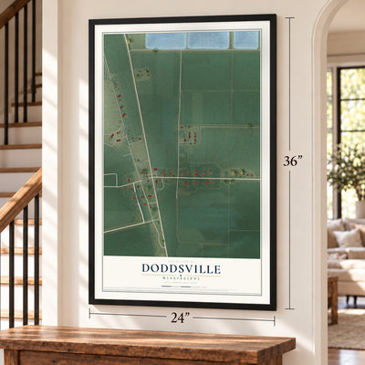 Doddsville, Mississippi map, 24 x 36 inch print in a black frame by a staircase