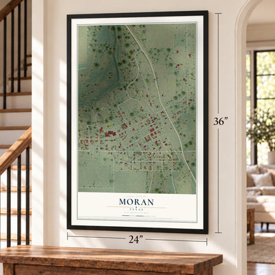 Moran, Texas map, 24 x 36 inch print in a black frame by a staircase