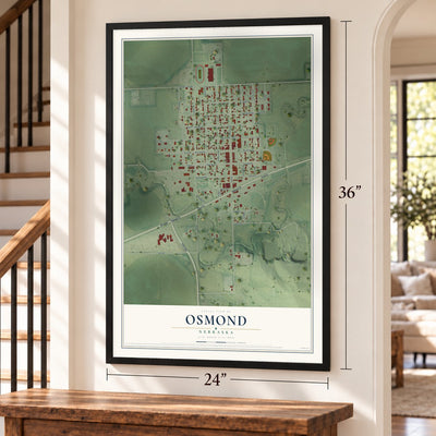 Osmond, Nebraska map, 24 x 36 inch print in a black frame by a staircase