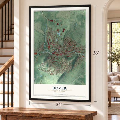 Dover, New Jersey map, 24 x 36 inch print in a black frame by a staircase