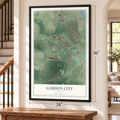 Garden City, Georgia map, 24 x 36 inch print in a black frame by a staircase
