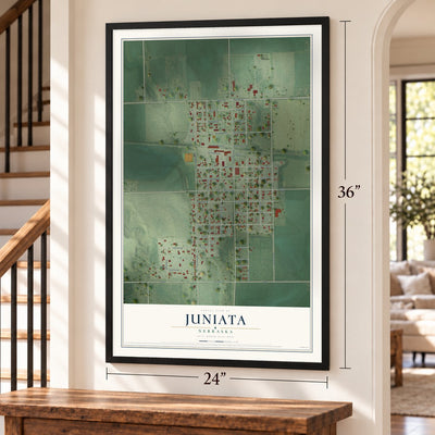 Juniata, Nebraska map, 24 x 36 inch print in a black frame by a staircase