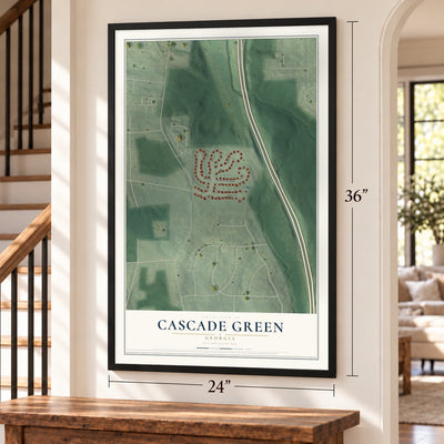 Cascade Green, Georgia map, 24 x 36 inch print in a black frame by a staircase