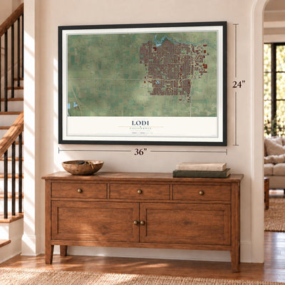 Lodi, California map, 24 x 36 inch print in a black frame above a dresser by a staircase