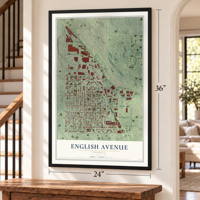 English Avenue, Georgia map, 24 x 36 inch print in a black frame by a staircase