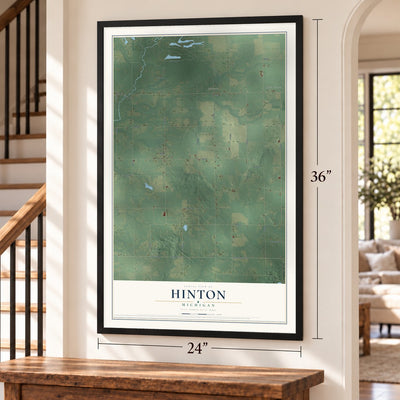 Hinton, Michigan map, 24 x 36 inch print in a black frame by a staircase