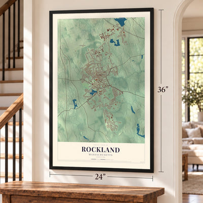 Rockland, Massachusetts map, 24 x 36 inch print in a black frame by a staircase