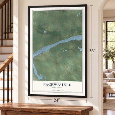 Packwaukee, Wisconsin map, 24 x 36 inch print in a black frame by a staircase