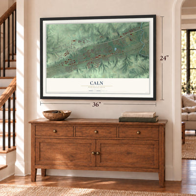 Caln, Pennsylvania map, 24 x 36 inch print in a black frame above a dresser by a staircase