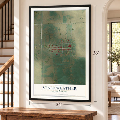 Starkweather, North Dakota map, 24 x 36 inch print in a black frame by a staircase