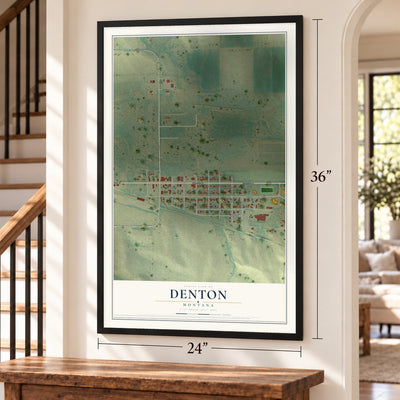 Denton, Montana map, 24 x 36 inch print in a black frame by a staircase