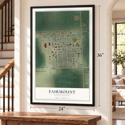 Fairmount, North Dakota map, 24 x 36 inch print in a black frame by a staircase
