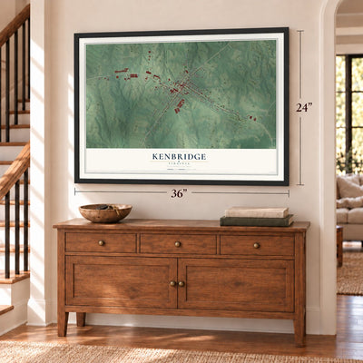 Kenbridge, Virginia map, 24 x 36 inch print in a black frame above a dresser by a staircase