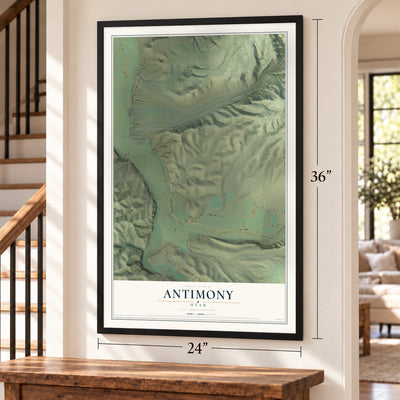 Antimony, Utah map, 24 x 36 inch print in a black frame by a staircase