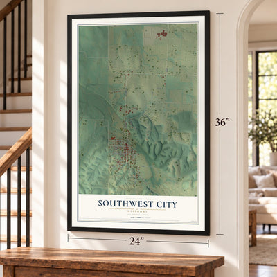Southwest City, Missouri map, 24 x 36 inch print in a black frame by a staircase