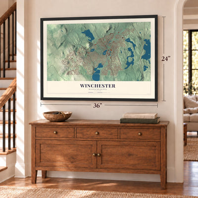 Winchester, Massachusetts map, 24 x 36 inch print in a black frame above a dresser by a staircase