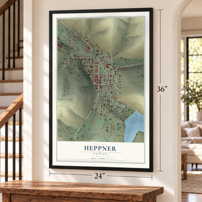 Heppner, Oregon map, 24 x 36 inch print in a black frame by a staircase