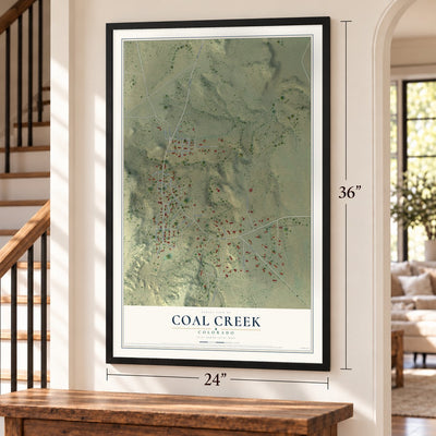 Coal Creek, Colorado map, 24 x 36 inch print in a black frame by a staircase