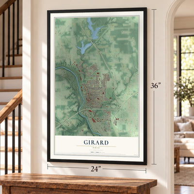 Girard, Ohio map, 24 x 36 inch print in a black frame by a staircase