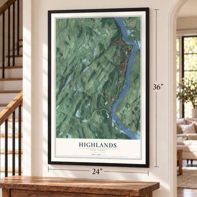 Highlands, New York map, 24 x 36 inch print in a black frame by a staircase