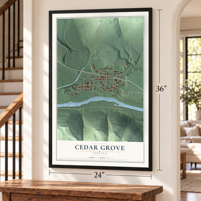 Cedar Grove, Indiana map, 24 x 36 inch print in a black frame by a staircase