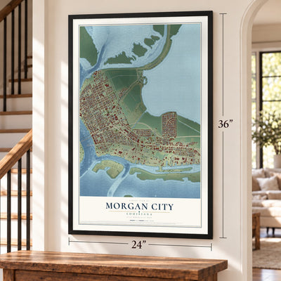Morgan City, Louisiana map, 24 x 36 inch print in a black frame by a staircase