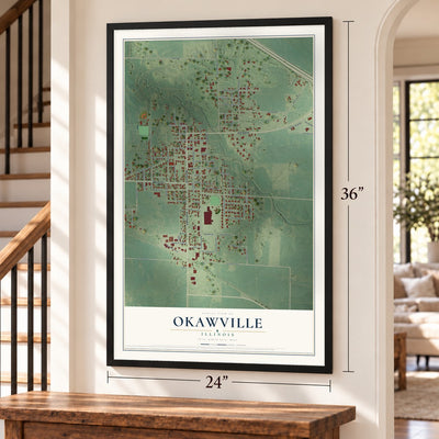 Okawville, Illinois map, 24 x 36 inch print in a black frame by a staircase
